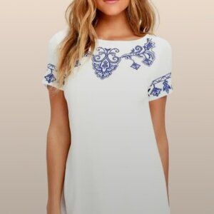 Lulus Tale to Tell Blue and Ivory Embroidered Shift Mini Dress Small Round Neck